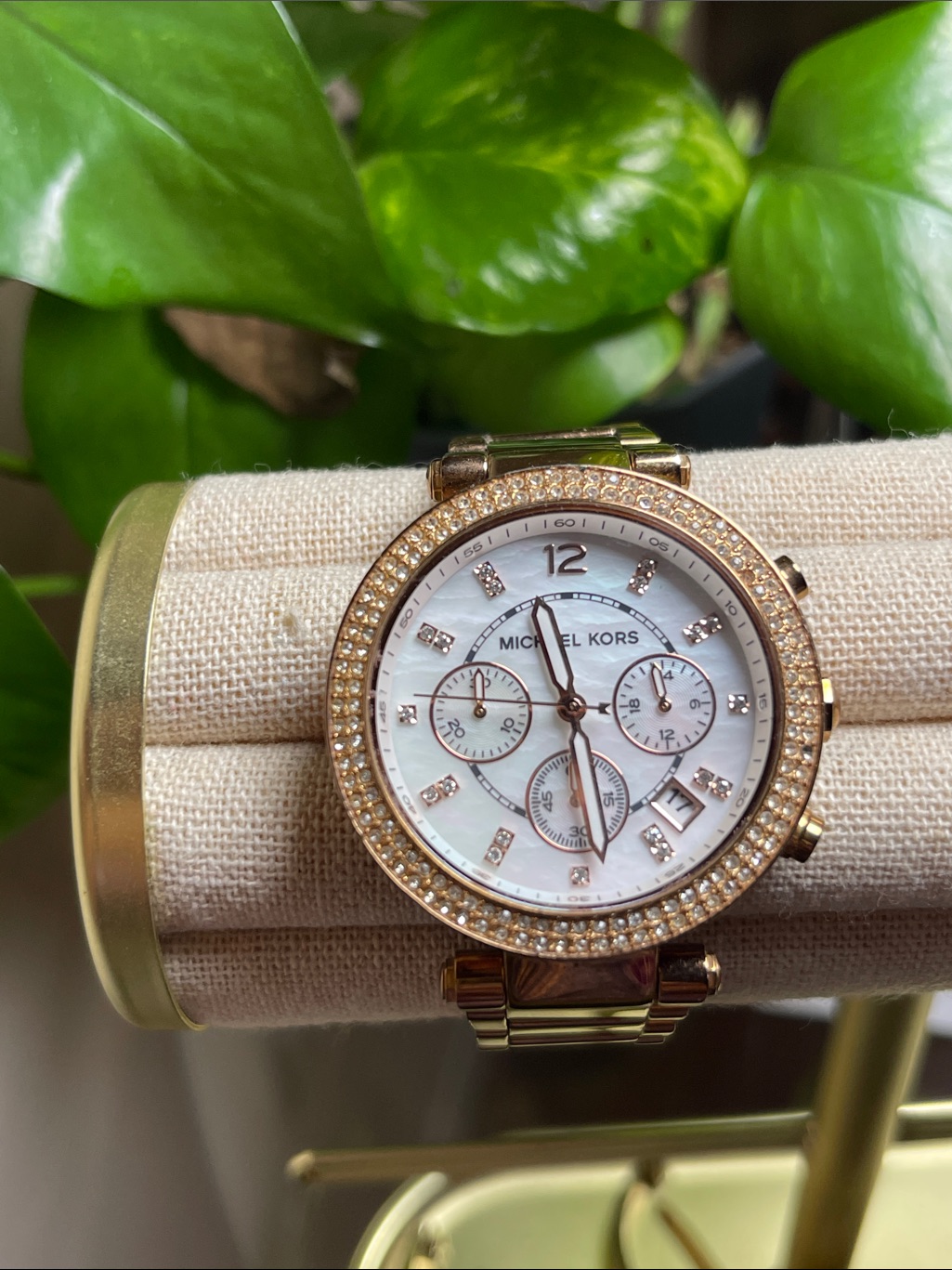 Michael Kors Rosegold Crystal Embellished Chronograph Watch Mother Of Pearl Dial